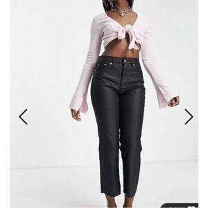 NWT TOPSHOP Black Coated Straight Leg Raw Hem Jeans W25 Moto Y2K 90’s